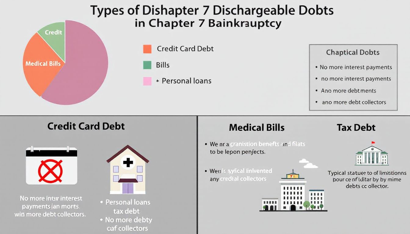 An infographic showing common types of dischargeable debts in Chapter 7 bankruptcy.