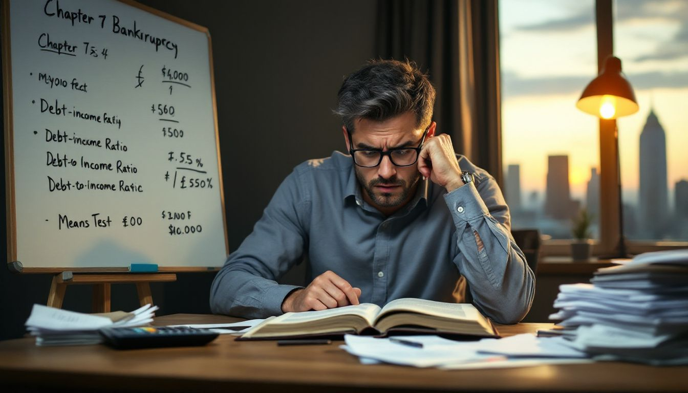 A person contemplating bankruptcy with a calculator and bills on the table, considering how much debt do you need to file chapter 7.