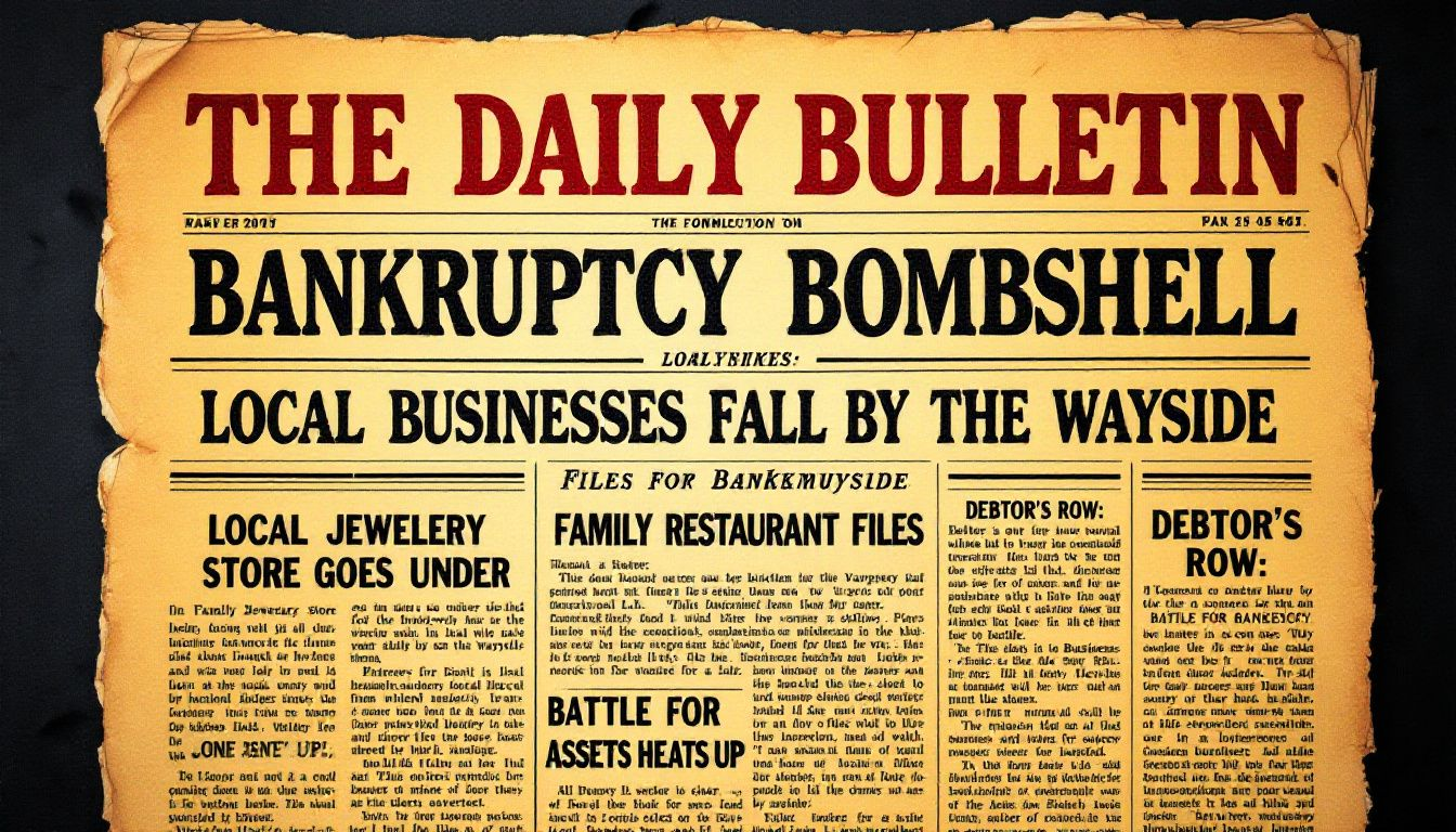 A newspaper with headlines about personal bankruptcies, illustrating how are bankruptcies published in the newspaper.