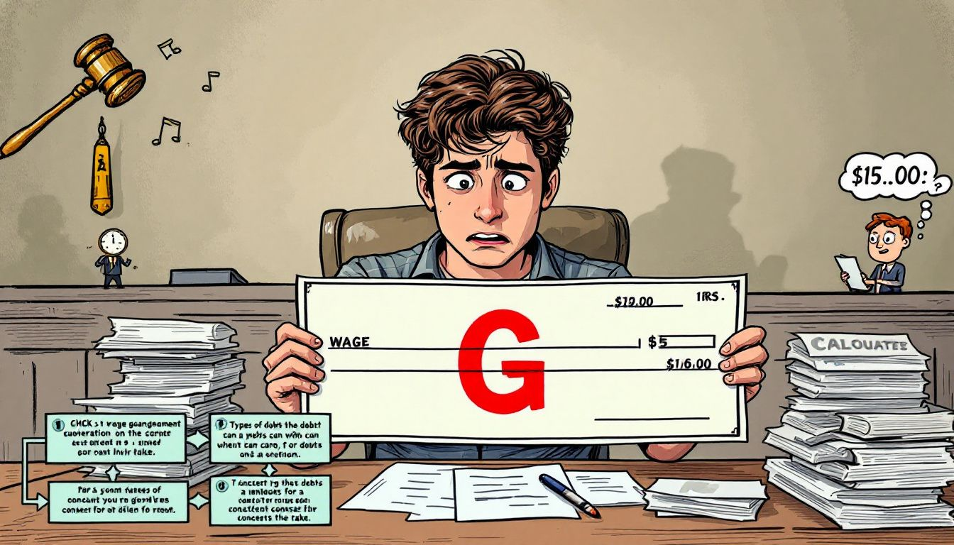 An illustration depicting wage garnishment affecting a person's paycheck.