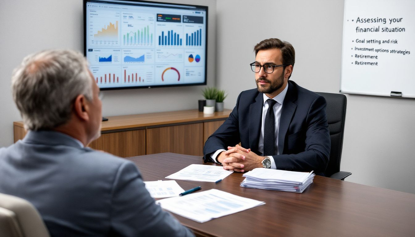 A financial advisor discussing options with a client, evaluating their financial situation.