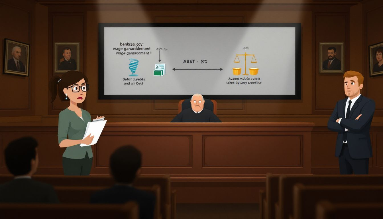 A courtroom scene illustrating how bankruptcy affects wage garnishment.