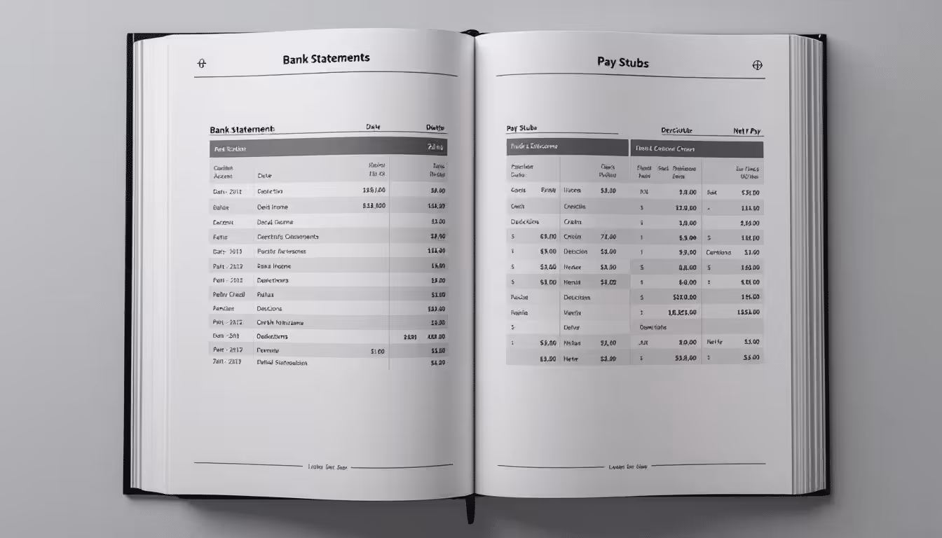 A collection of income records including bank statements and pay stubs.