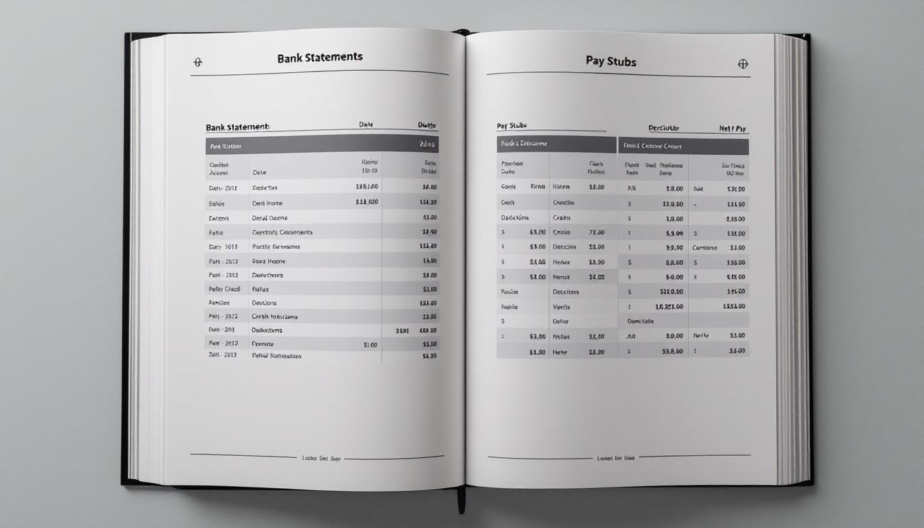 A collection of income records including bank statements and pay stubs.