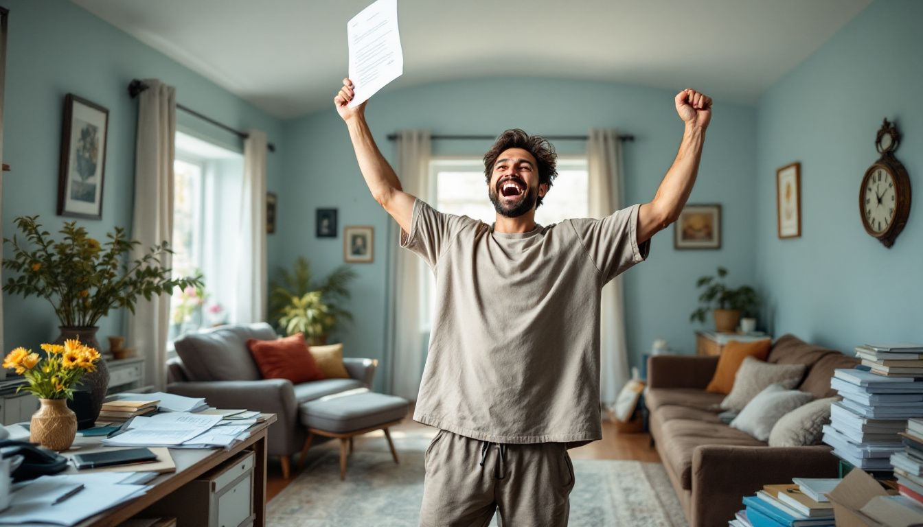 A person celebrating after receiving their bankruptcy discharge documents.