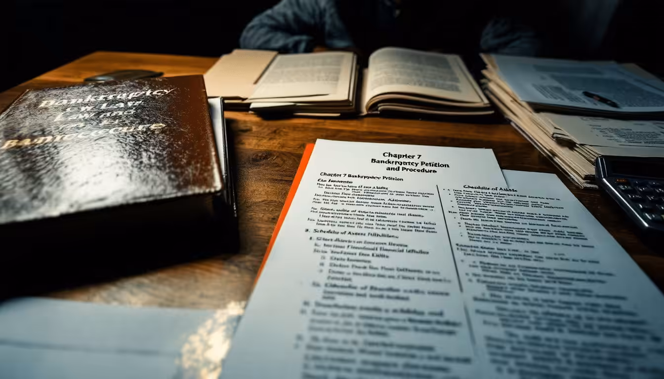 A person preparing Chapter 7 bankruptcy forms with various documents.