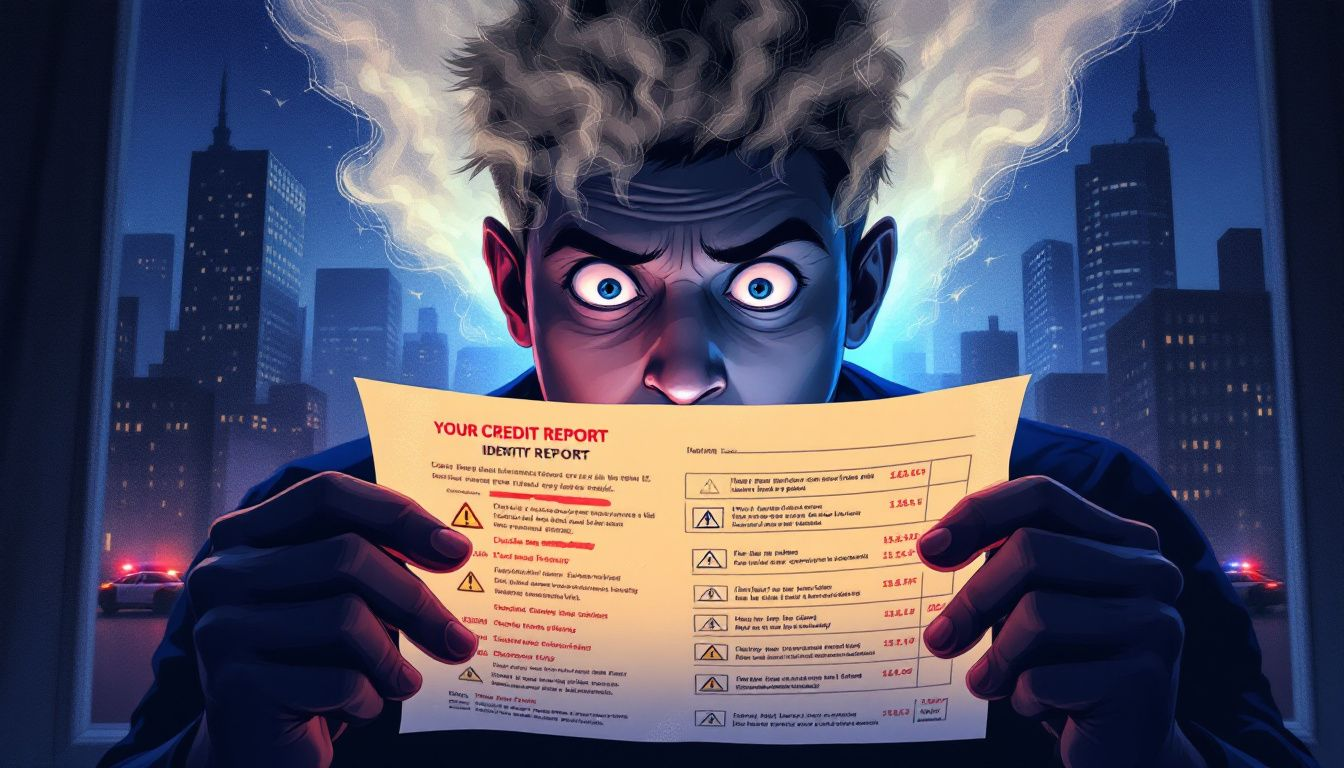 An illustration showing a person looking at a credit report with signs of identity theft credit errors.