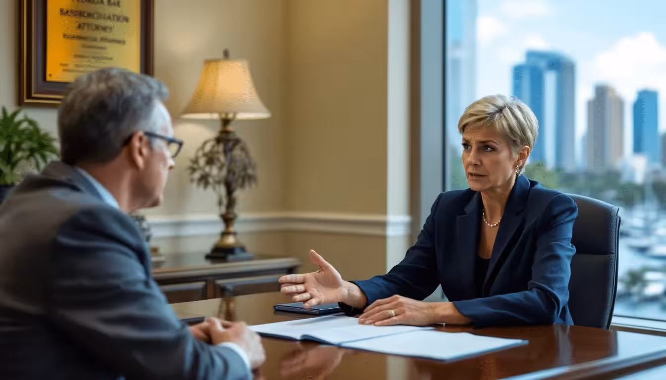 A professional setting showing a bankruptcy attorney discussing options with a client in St. Petersburg.