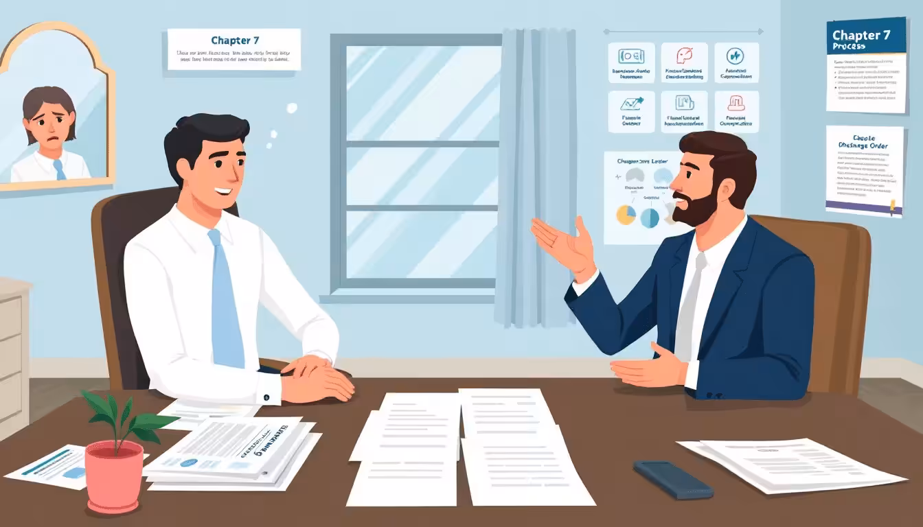Illustration of a Chapter 7 bankruptcy process with legal documents.