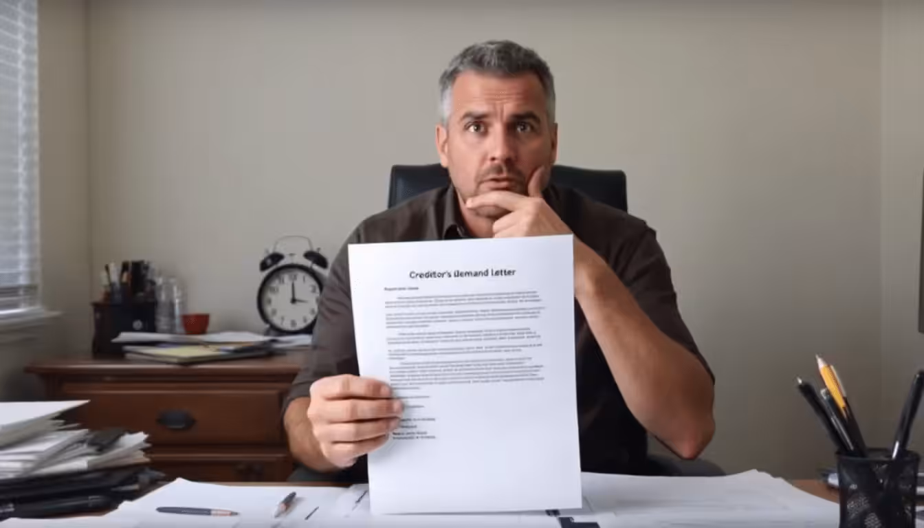 A person reviewing a creditor's demand letter, contemplating how to stop wage garnishment without bankruptcy.