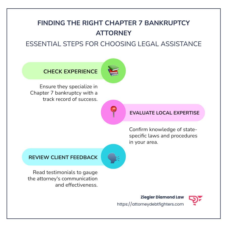 An infographic titled Finding the Right Chapter 7 Bankruptcy Attorney lists three steps: check experience, evaluate local expertise, and review client feedback. The Ziegler Diamond Law logo is at the bottom.