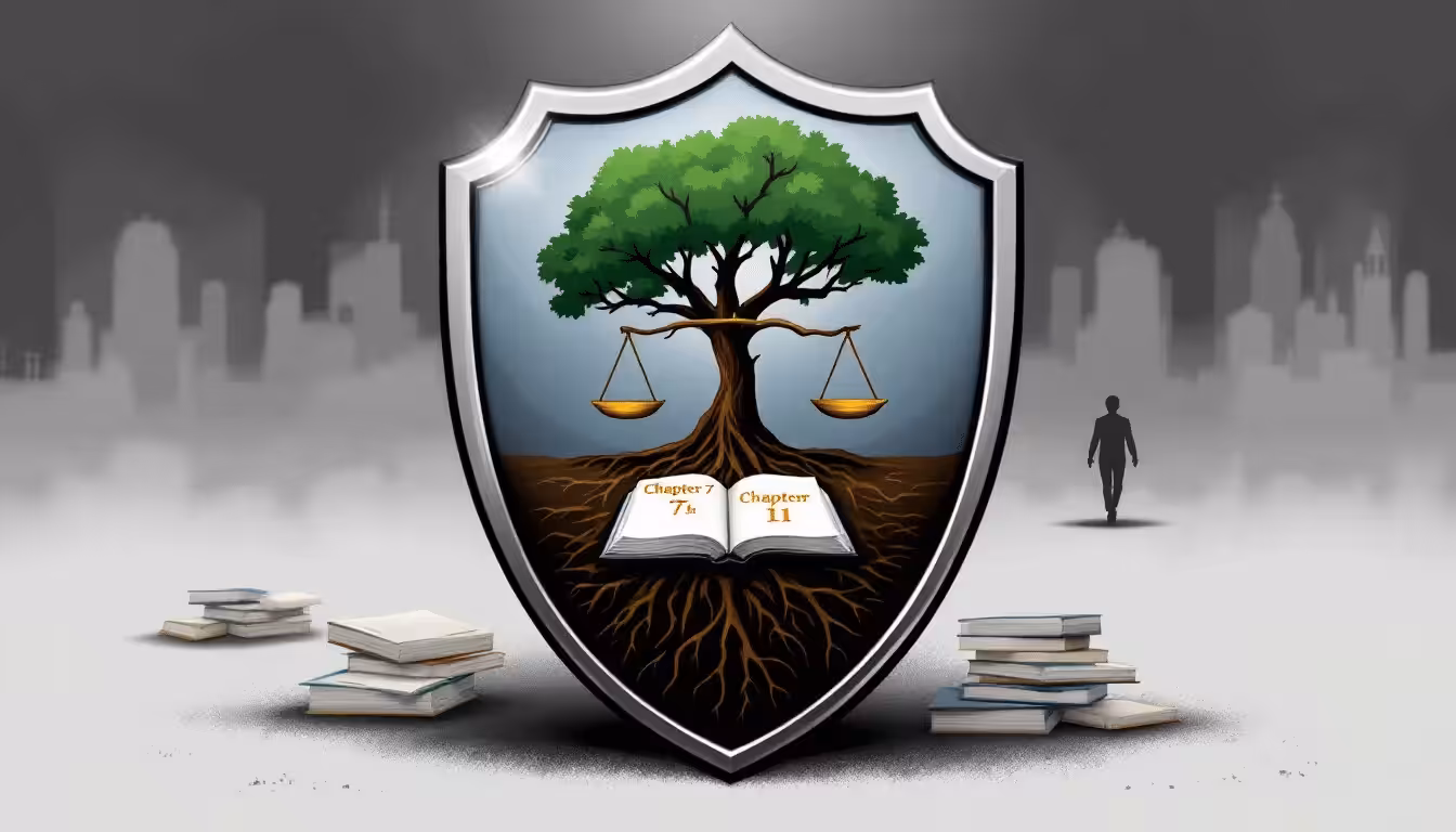 Legal protections during bankruptcy illustrated with a shield and legal documents.