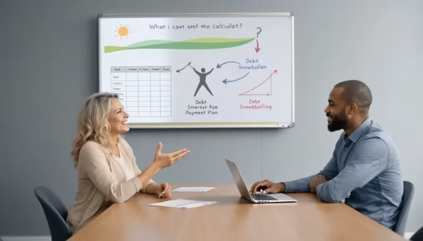 A meeting between a credit counselor and a client discussing debt relief options.
