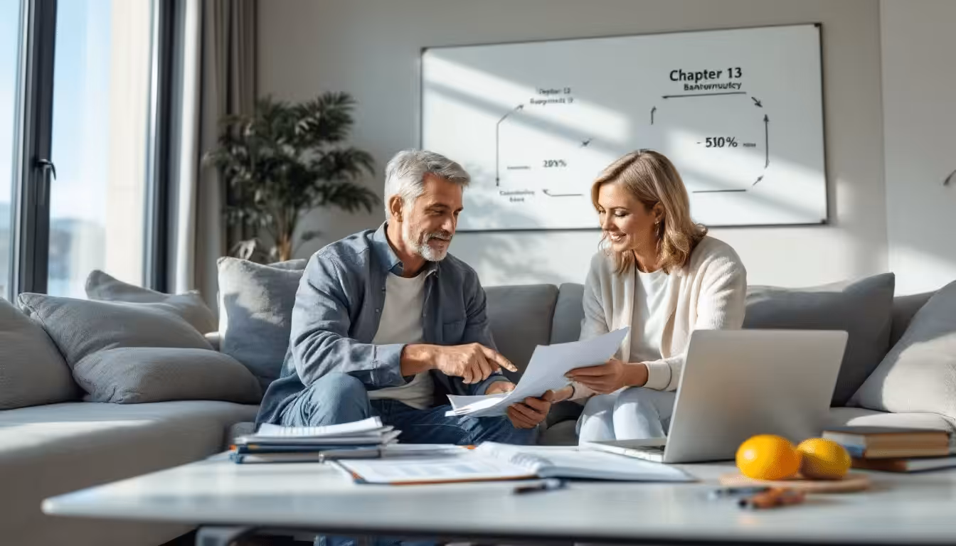A couple reviewing their Chapter 13 bankruptcy repayment plan to keep their house.
