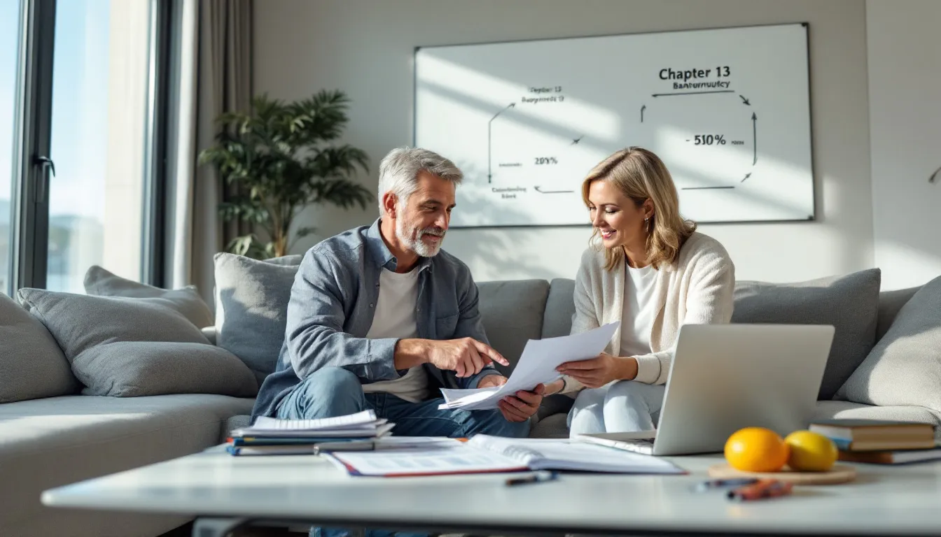 A couple reviewing their Chapter 13 bankruptcy repayment plan to keep their house.