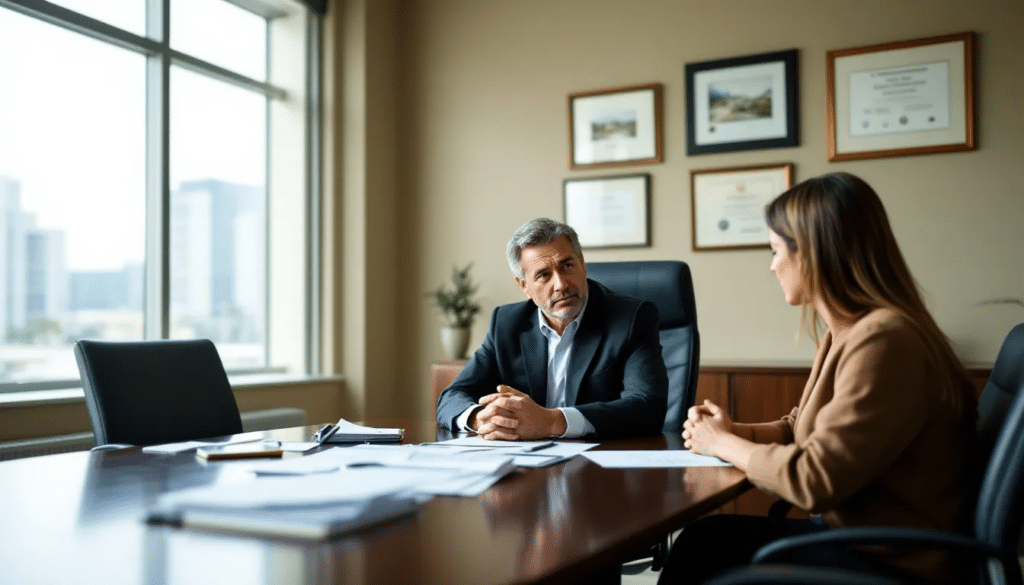 Attorney meeting with a client at a conference table to review a debt collection lawsuit