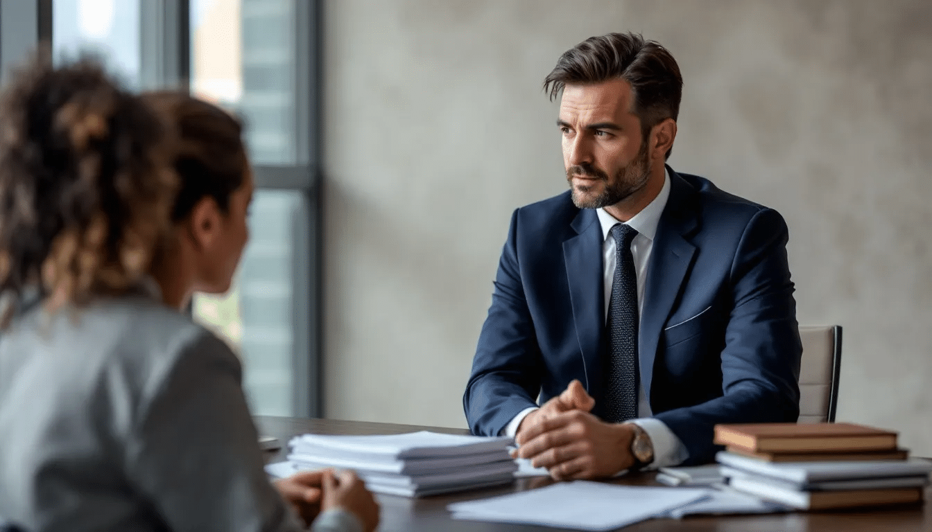 A bankruptcy attorney reviewing a case file with a client.