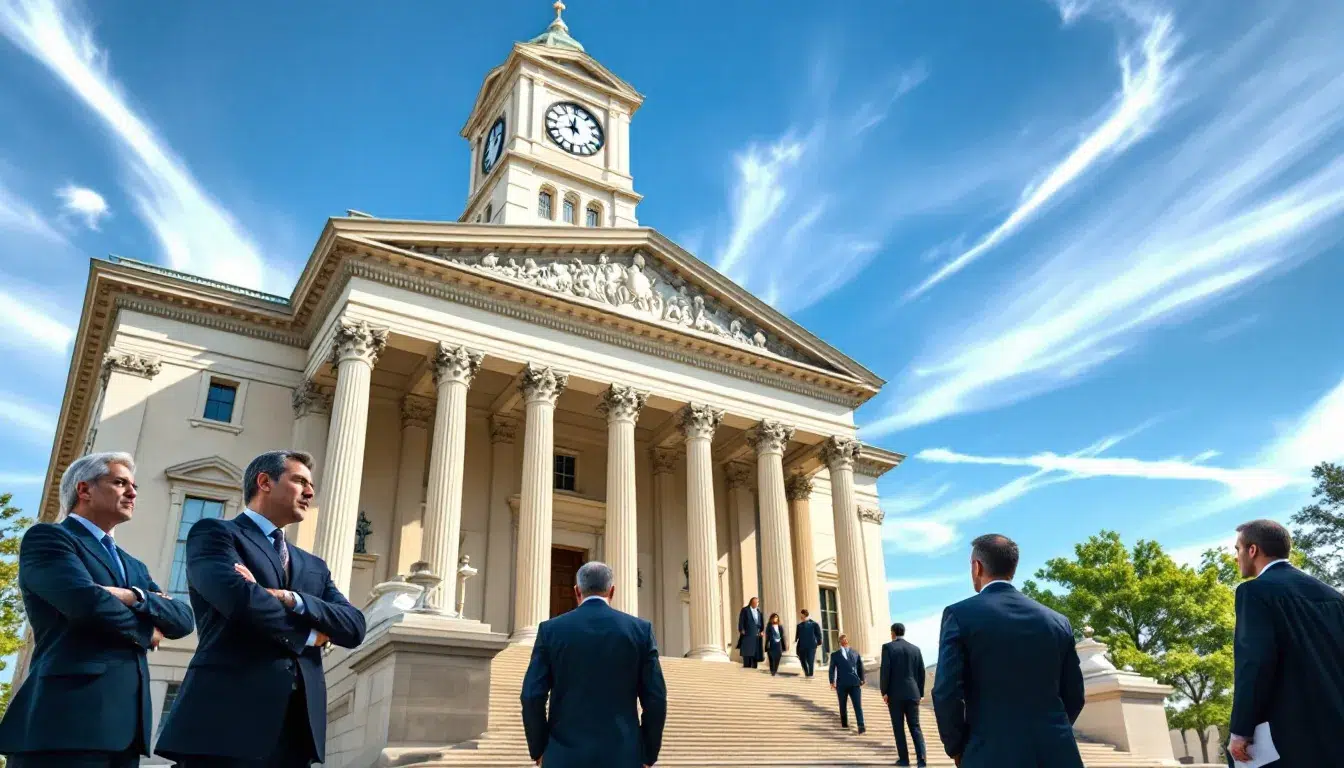 In front of a courthouse, a group of attorneys stands together, showcasing their commitment to practicing bankruptcy law and providing legal services. They represent various aspects of the bankruptcy process, ready to assist clients in navigating the complexities of filing for bankruptcy in Mount Dora, FL.