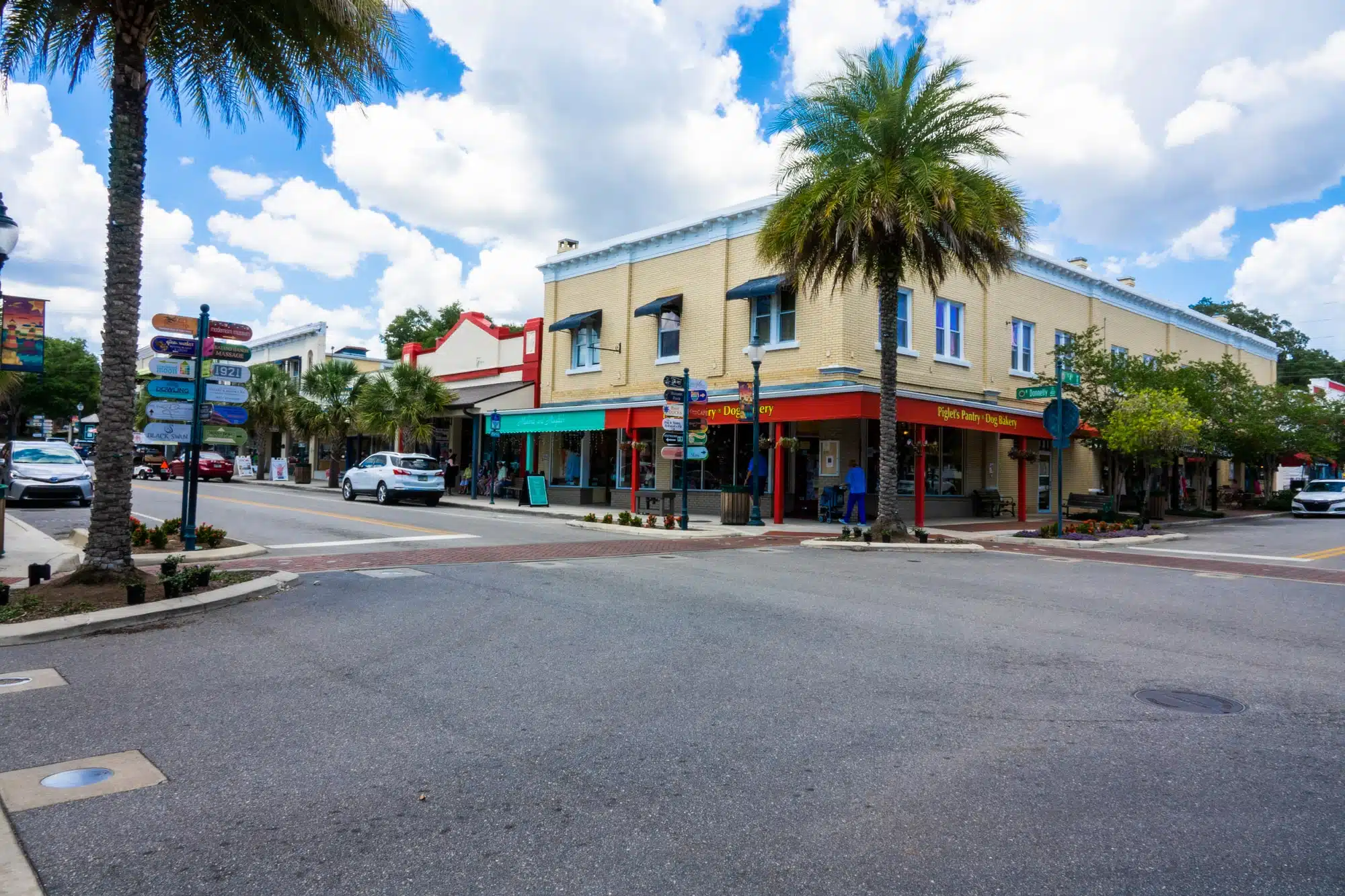 Downtown Mount Dora with billowing clouds on a summer afternoon