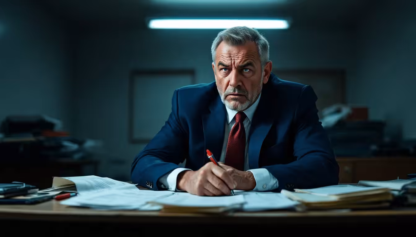 A stressed businessman sits at a cluttered desk, surrounded by paperwork and financial documents, reflecting the challenges of the liquidation bankruptcy process. His expression conveys the weight of debts and the need for legal assistance from an experienced bankruptcy attorney to navigate the complexities of bankruptcy law in Mount Dora, FL.