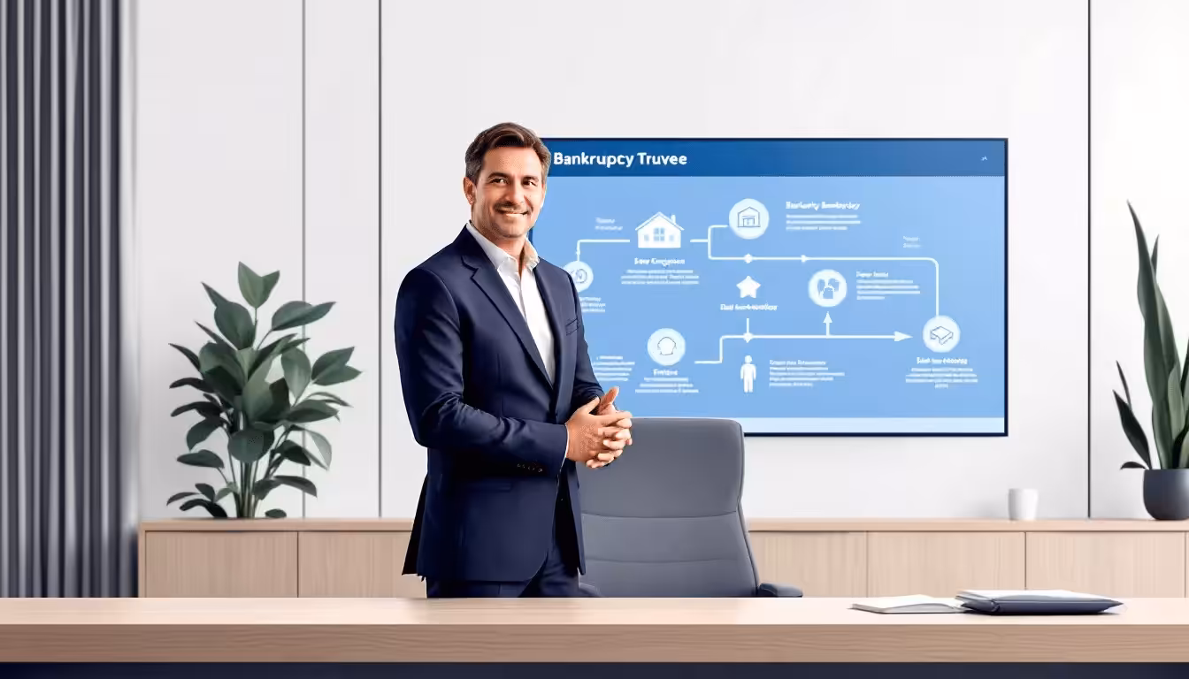 An illustration of a bankruptcy trustee explaining the process to clients seeking help.