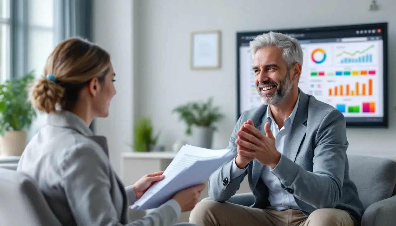 A person reviewing their credit report after bankruptcy with a financial advisor.