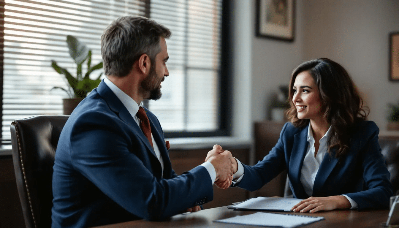 In the image, an experienced bankruptcy attorney is shaking hands with a client, symbolizing a partnership in navigating financial challenges such as liquidation bankruptcy. The setting reflects a professional atmosphere typical of a Leesburg bankruptcy law firm, where individuals seek legal counsel for their bankruptcy cases.