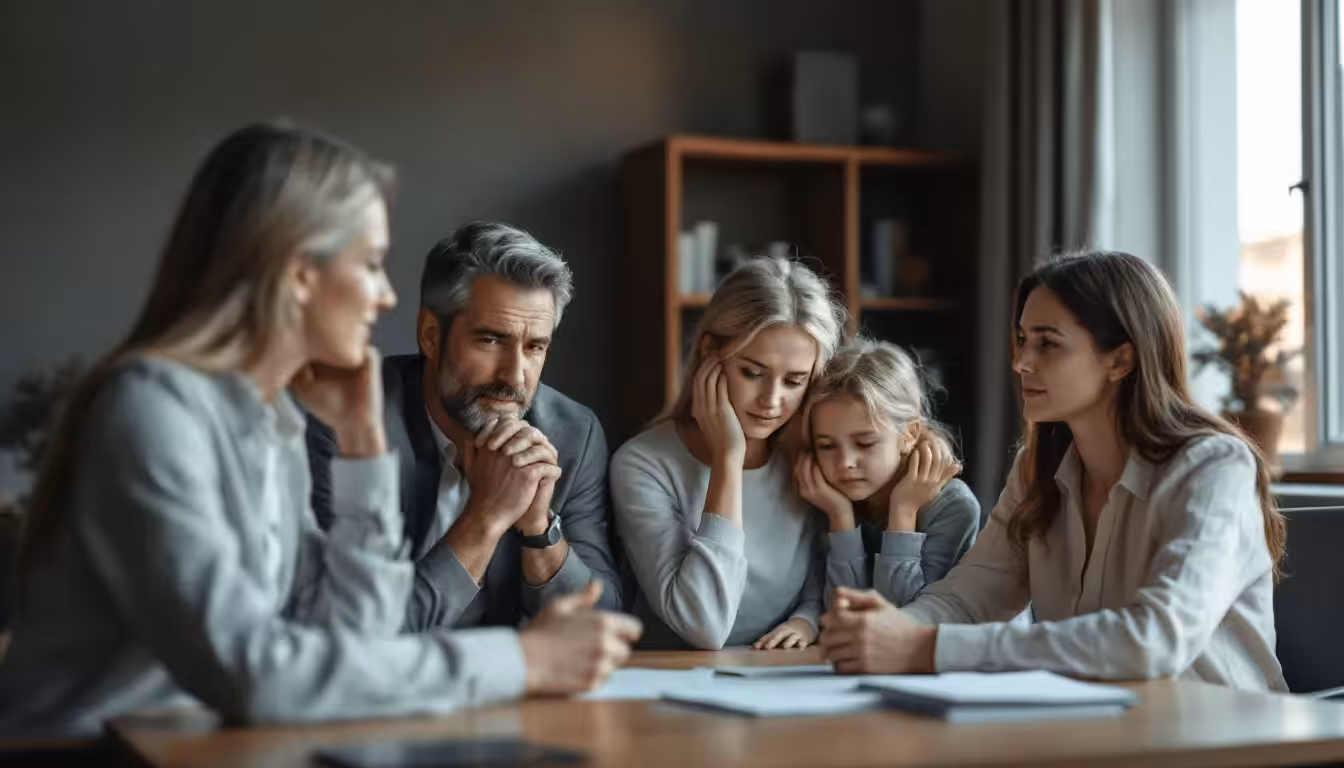 A family discussing their home foreclosure defense options with a lawyer.