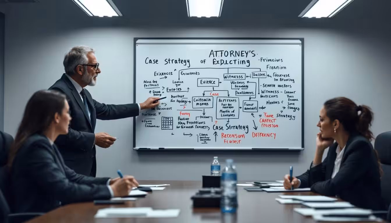 In the image, a group of bankruptcy attorneys is gathered around a whiteboard, discussing and explaining the bankruptcy process to better assist their clients. The atmosphere reflects a professional law office setting, emphasizing the importance of guidance in navigating financial situations and debt relief.