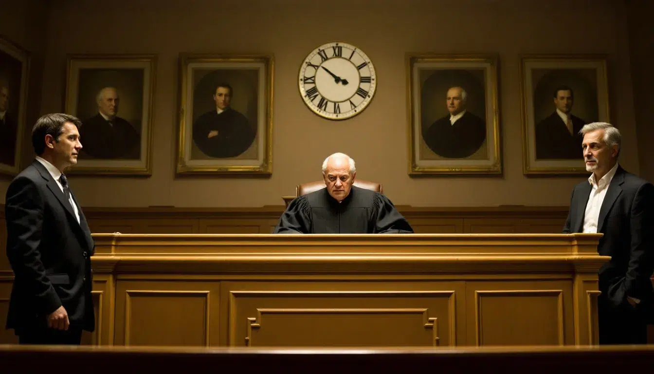 An image of a courtroom setting, featuring a judge's bench and a table where a bankruptcy attorney is discussing options with a client about their bankruptcy petition, focusing on debt relief strategies such as a repayment plan for unsecured debts like credit card debt and medical bills.
