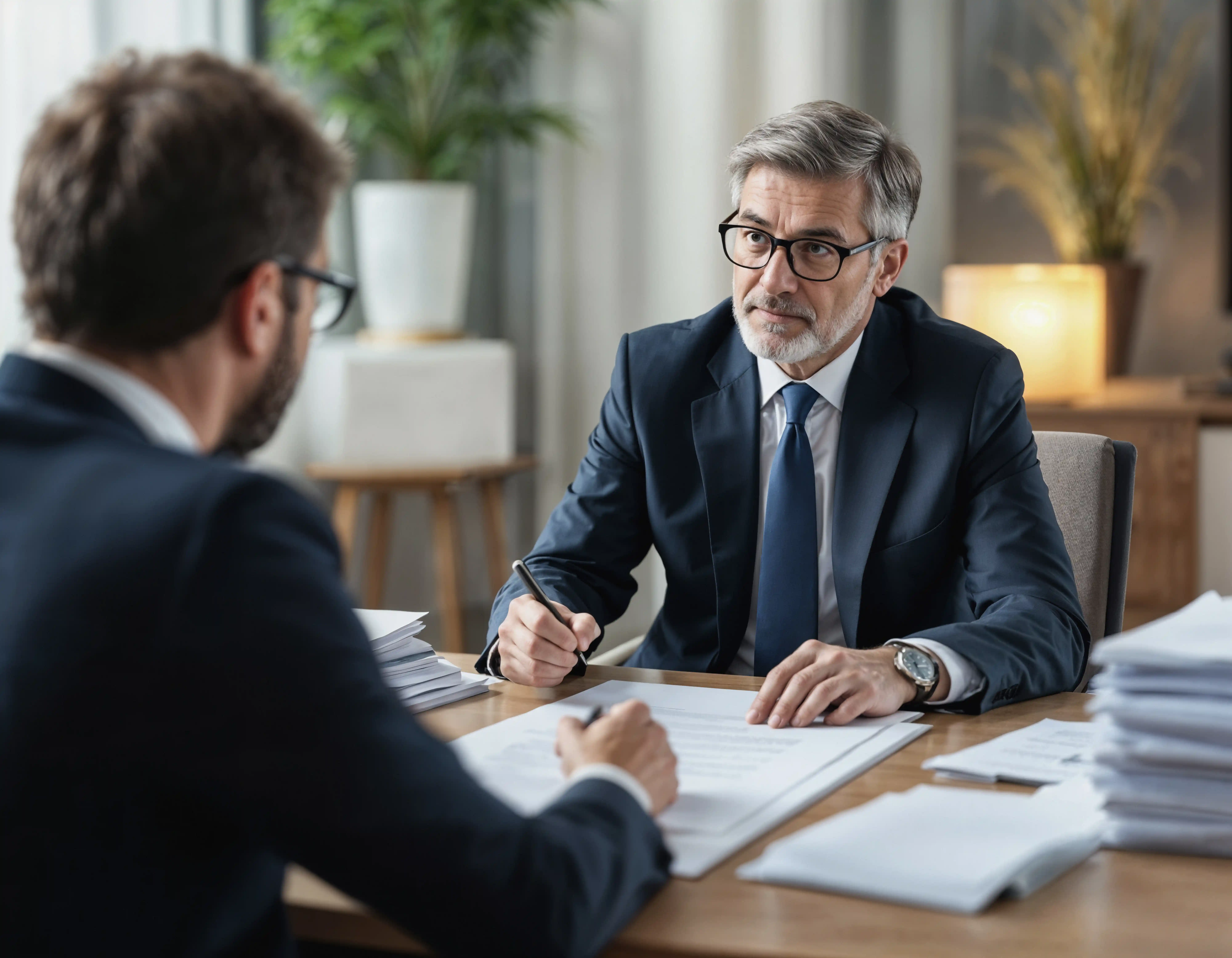 Two men in business suits sit across from each other at an office desk covered with paperwork, engaged in a serious conversation about debt settlement. One is holding a pen and listening attentively as they discuss whether to hire an attorney for debt settlement.