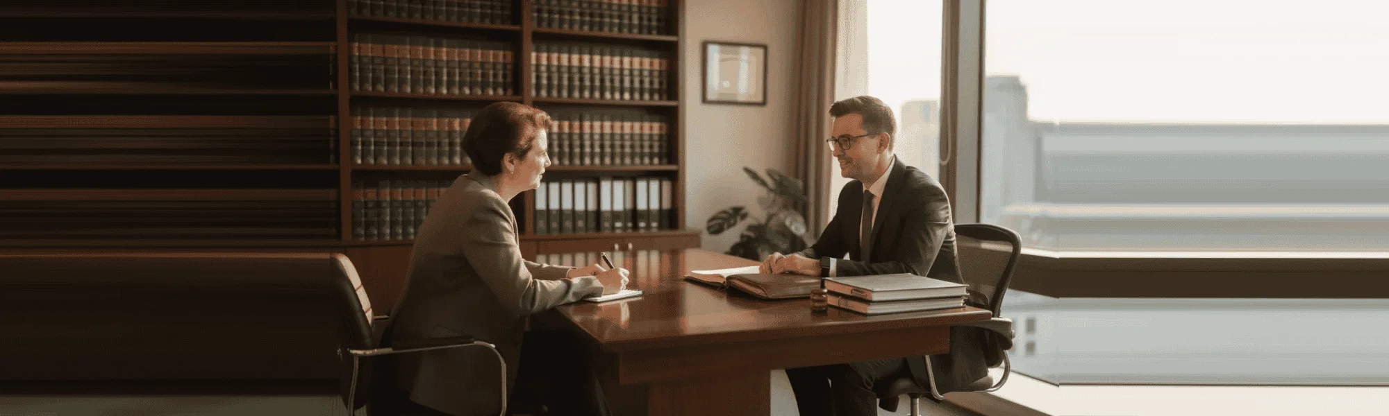 Two professionals in business attire sit across from each other at a desk in an office, engaged in a serious personal injury lawyer consultation with documents and books on the table.
