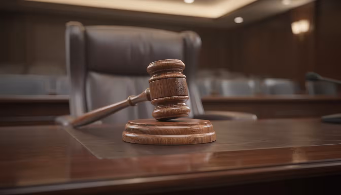 A wooden judge’s gavel rests on a sound block atop a polished desk in an empty courtroom, where cases like foreclosure or bankruptcy may be decided, with rows of chairs and a large judge’s chair visible in the background.