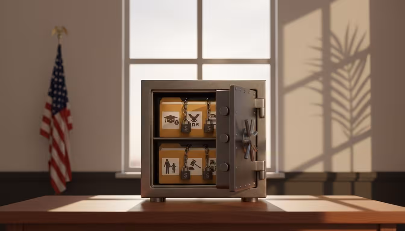Symbolic sturdy metal safe with locked folders icon-labeled for student loans, tax documents, child support, and court fines on a Florida courtroom desk with American flag and palm shadow.