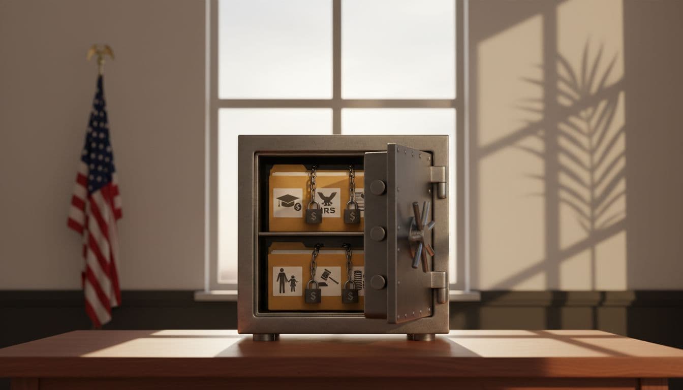 Symbolic sturdy metal safe with locked folders icon-labeled for student loans, tax documents, child support, and court fines on a Florida courtroom desk with American flag and palm shadow.