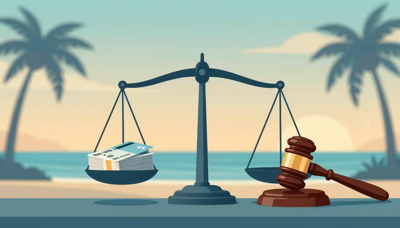 A balance scale with money on one side and nothing on the other sits on a table next to a judge's gavel, against a tropical beach background—evoking Bankruptcy Florida and tough financial decisions under palm trees and soft sunlight.