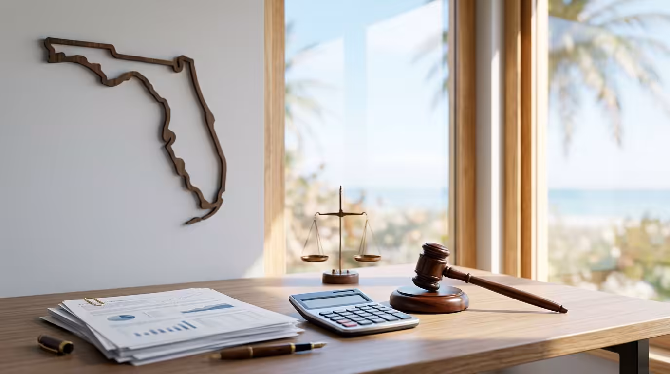A desk with legal documents, a calculator, a gavel, and scales of justice sits by a window showing palm trees and sunlight. A wooden outline of Florida hangs on the wall, hinting at Florida Means Test or Chapter 7 Bankruptcy guidance.