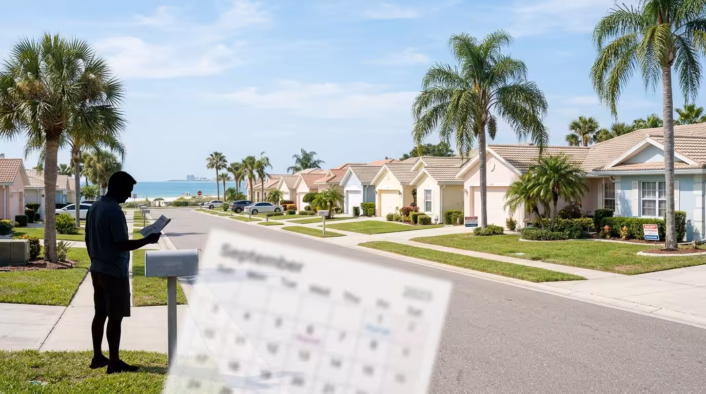 a Silhouette of a Person Checks a Mailbox on a Sunny Suburban Street Lined with Palm Trees and Houses, with the Ocean Visible in the Background and a Blurred September 2023 Calendar—a Glimpse into Clearwater Homeowners Amid Florida Foreclosures. - Ziegler Diamond Law A silhouette of a person checks a mailbox on a sunny suburban street lined with palm trees and houses, with the ocean visible in the background and a blurred September 2023 calendar—a glimpse into Clearwater homeowners amid Florida foreclosures.