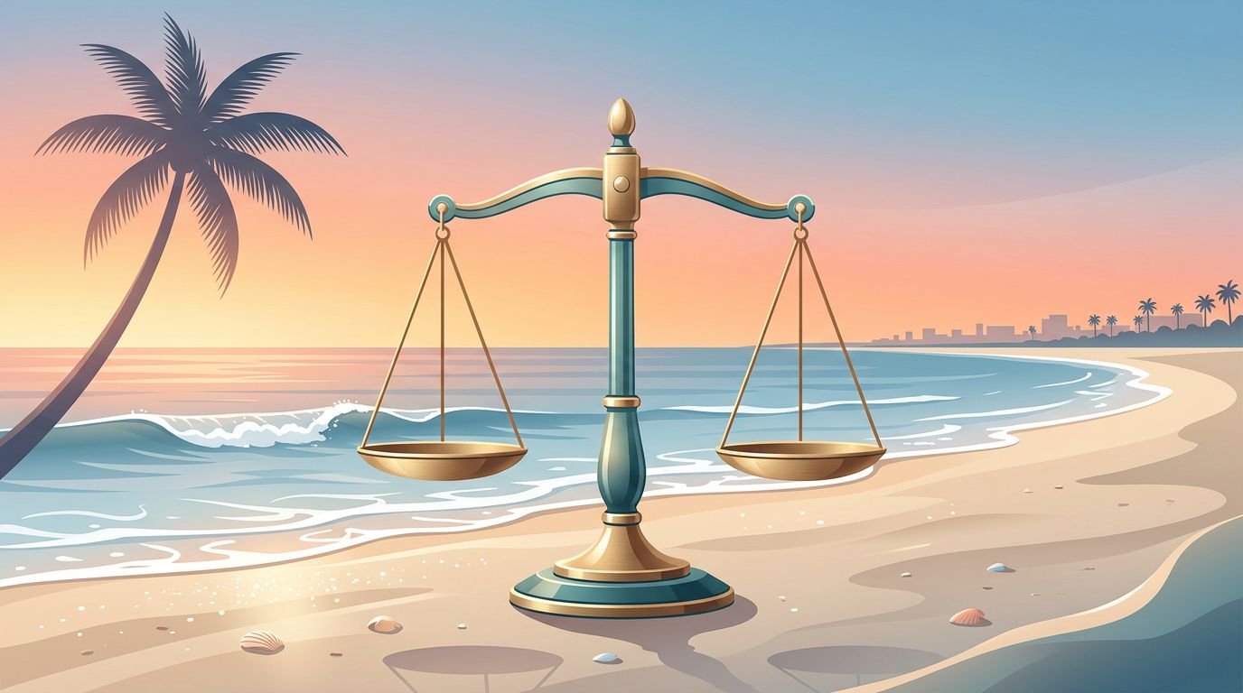 A golden balance scale stands on a sandy Florida beach at sunset, with gentle waves, seashells, and a palm tree nearby—symbolizing how Chapter 7 Bankruptcy erases debt as the city skyline glows under a pastel-colored sky in the distance.