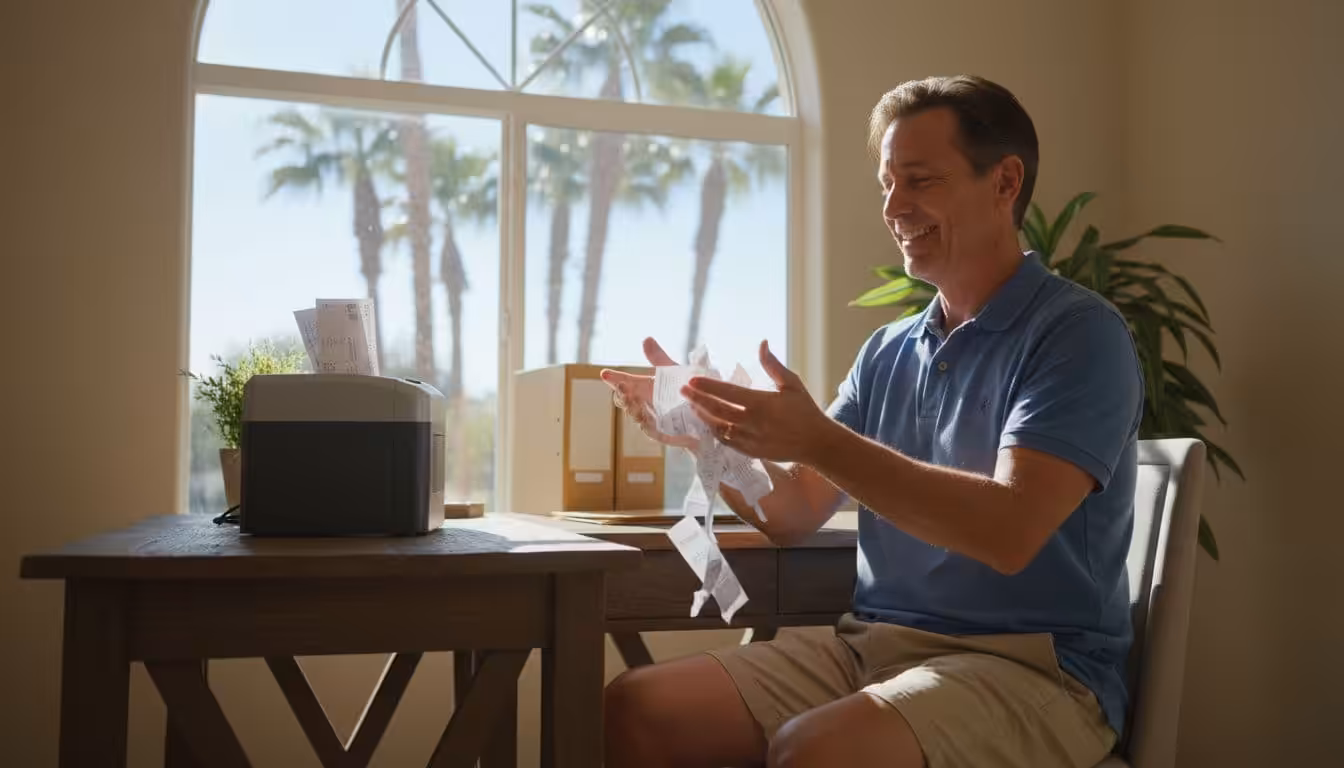 Middle-aged Florida resident in casual clothes smiles in relief at a wooden desk in a bright home office with palm trees outside, dropping shredded credit card bills and medical papers into a shredder.