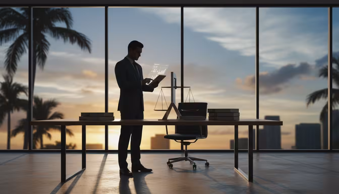 A man in a suit stands in a modern office with large windows, reading documents on contingency cases at sunset. Palm trees and a city skyline are visible outside. A desk with books, scales, and a computer is in front of him.