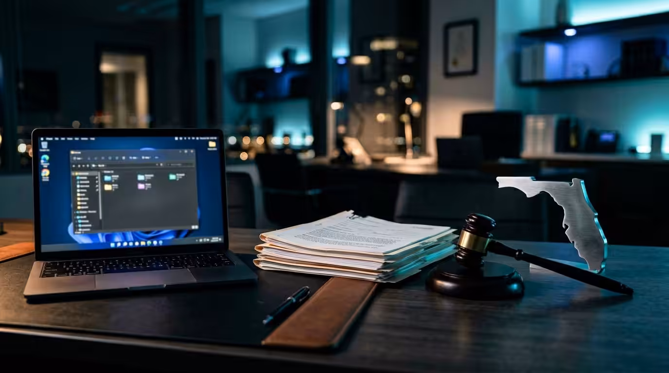 A desk with a laptop displaying file folders, a stack of papers, a pen, a gavel, and a metal outline of Florida hints at upcoming 2026 changes to Florida Debt Collector Rules. Blue accent lights illuminate the dim office with city buildings visible through the window.