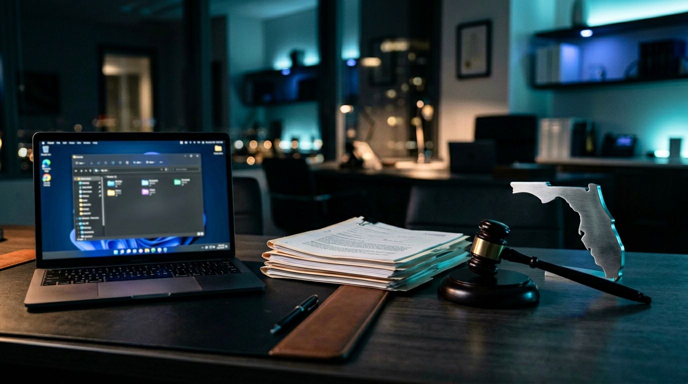 A desk with a laptop displaying file folders, a stack of papers, a pen, a gavel, and a metal outline of Florida hints at upcoming 2026 changes to Florida Debt Collector Rules. Blue accent lights illuminate the dim office with city buildings visible through the window.