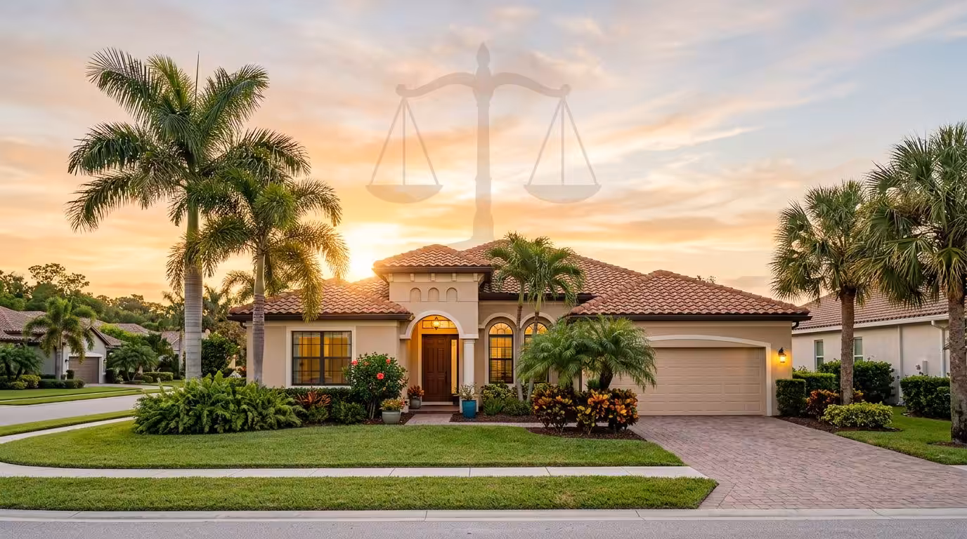 a Single-story Florida House with a Red Tile Roof, Palm Trees, and Well-kept Landscaping at Sunset. a Faint Symbol of Balanced Scales is Superimposed over the Sky Above the House, Hinting at Mortgage Payments or Chapter 13 Bankruptcy Solutions. - Ziegler Diamond Law A single-story Florida house with a red tile roof, palm trees, and well-kept landscaping at sunset. A faint symbol of balanced scales is superimposed over the sky above the house, hinting at mortgage payments or Chapter 13 Bankruptcy solutions.