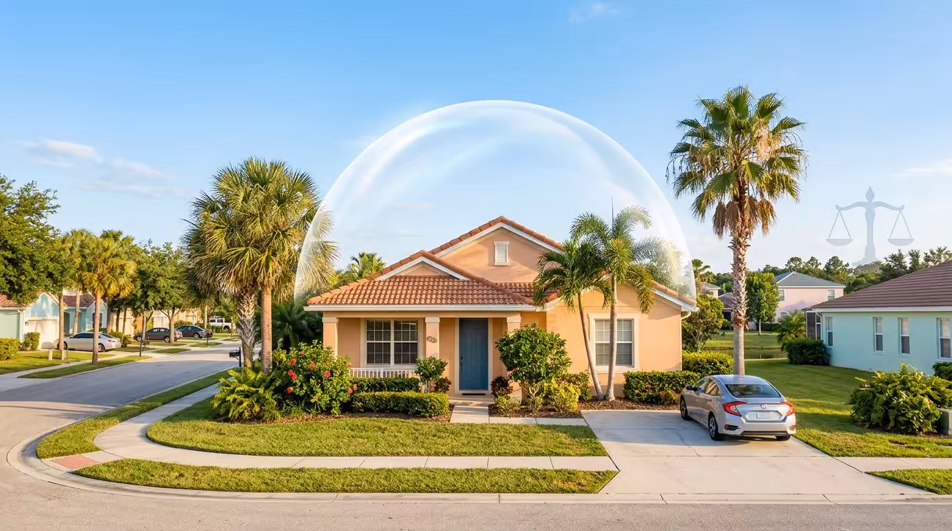 a Suburban House with a Tan Roof is Shown Under a Translucent Bubble, Symbolizing Protection. Palm Trees, Green Lawns, and a Car Rest Nearby, Highlighting Property Exemptions Under Florida Chapter 7 Bankruptcy. a Faint Justice Scale Icon Appears Above. - Ziegler Diamond Law A suburban house with a tan roof is shown under a translucent bubble, symbolizing protection. Palm trees, green lawns, and a car rest nearby, highlighting property exemptions under Florida Chapter 7 Bankruptcy. A faint justice scale icon appears above.