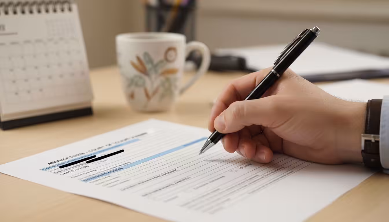 Close-up of a hand writing on a printed court answer form with blurred case caption, pen on paper, desk with calendar and coffee mug, soft office lighting, realistic photo.