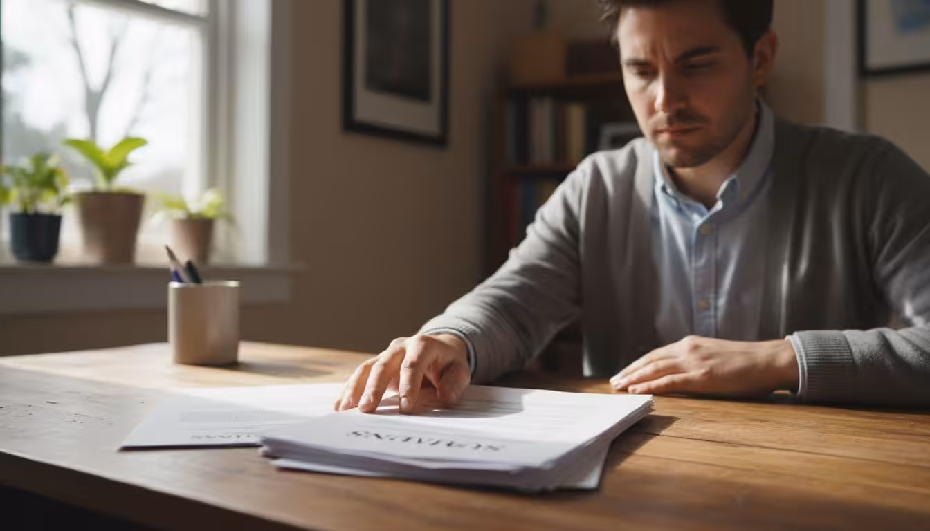 A focused individual sits at a wooden desk in a home office, carefully reviewing a stack of legal papers including a summons document, with one hand resting on the papers under natural daylight from a window.