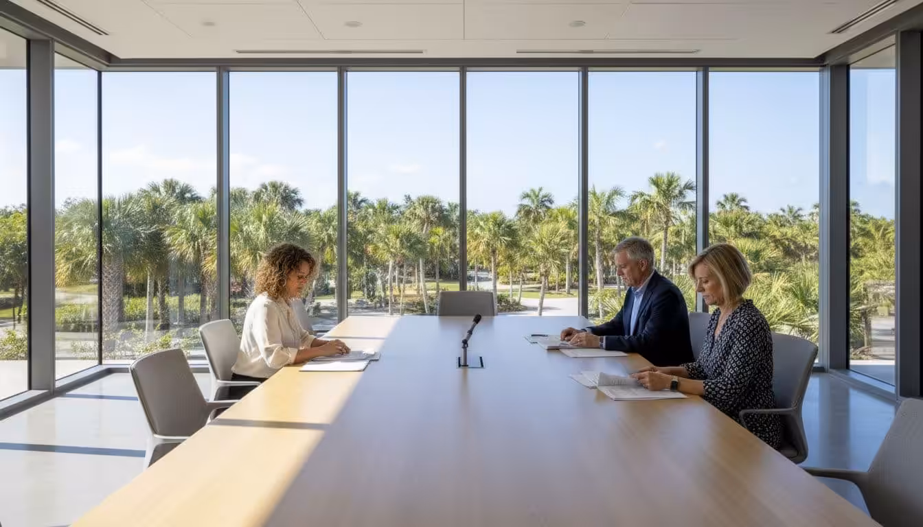 Three middle-aged trustees seated at a long conference table review papers quietly, facing empty chairs with a central microphone.