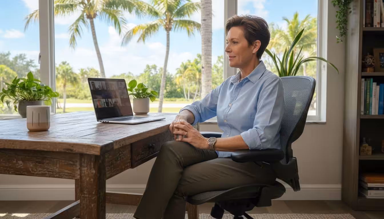 Middle-aged adult in business casual sits relaxed at wooden desk on laptop video call, Florida palms outside window.