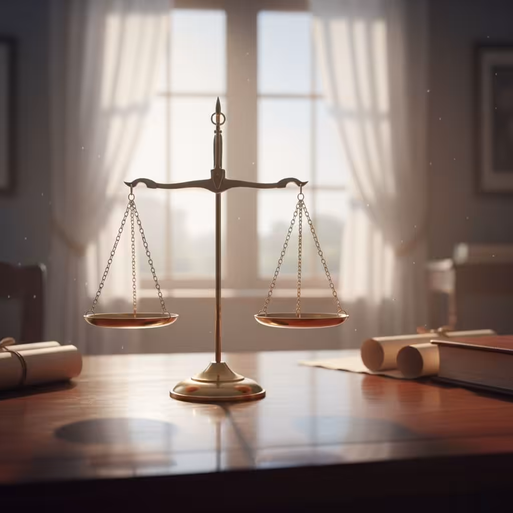 Scales of justice on a polished wooden desk with soft morning light from a window.